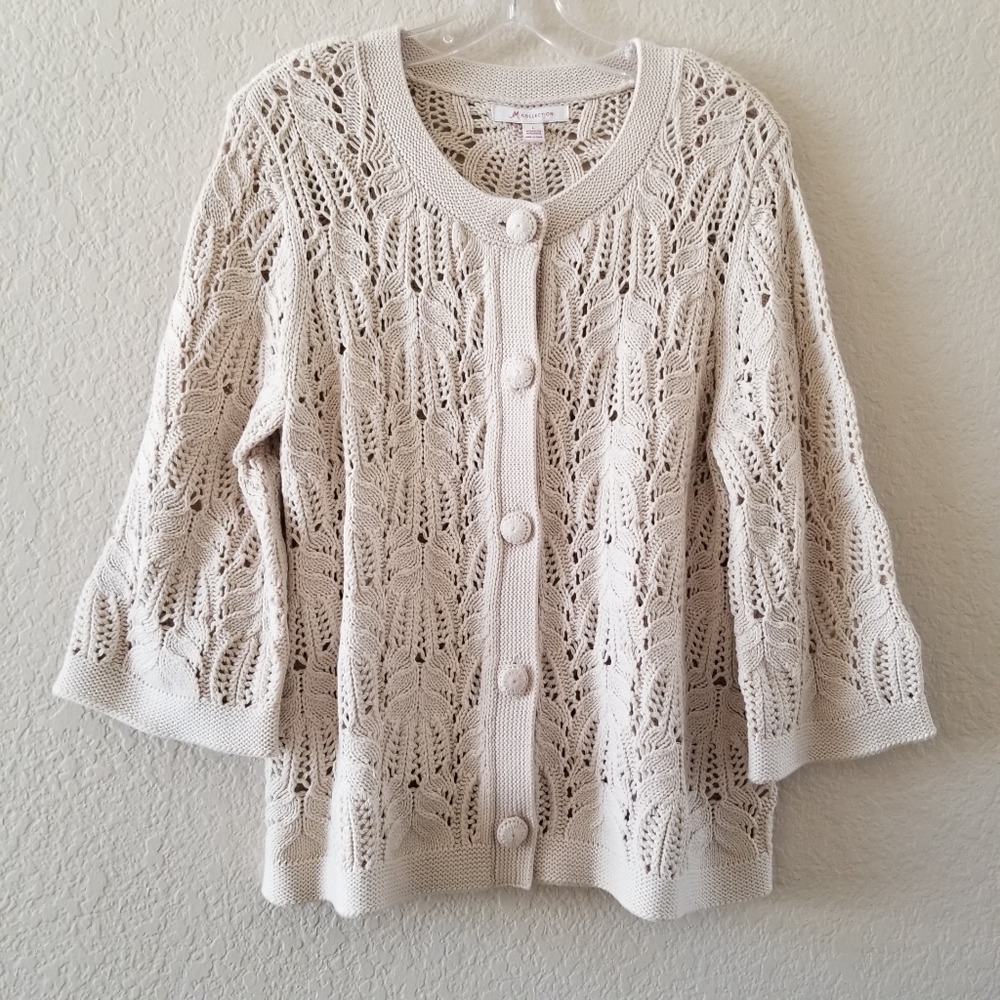 JM Collection Ivory Crochet 3/4 Sleeve Cardigan Size Large